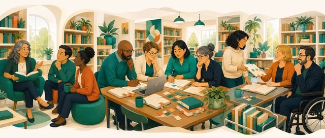 Illustrated group of school-library professionals working together around books and a table